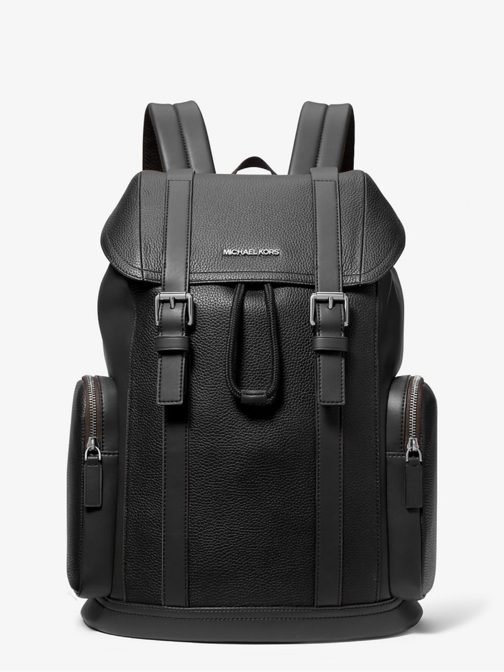 Michael Kors Black Pebbled Leather Men's Backpack with Buckle Straps